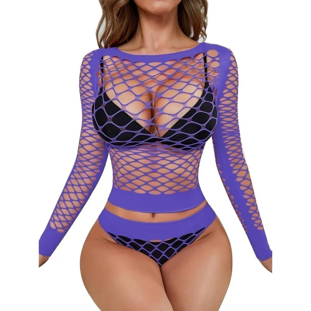 Rslove Women Sexy Mesh Lingerie Fishnet Babydoll Free Size Bodysuit-  Purple